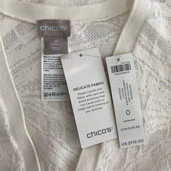 Chico’s Vest Sweater Women’s Size S Color Coconut Palm Stitch Sleeveless - Picture 5 of 10